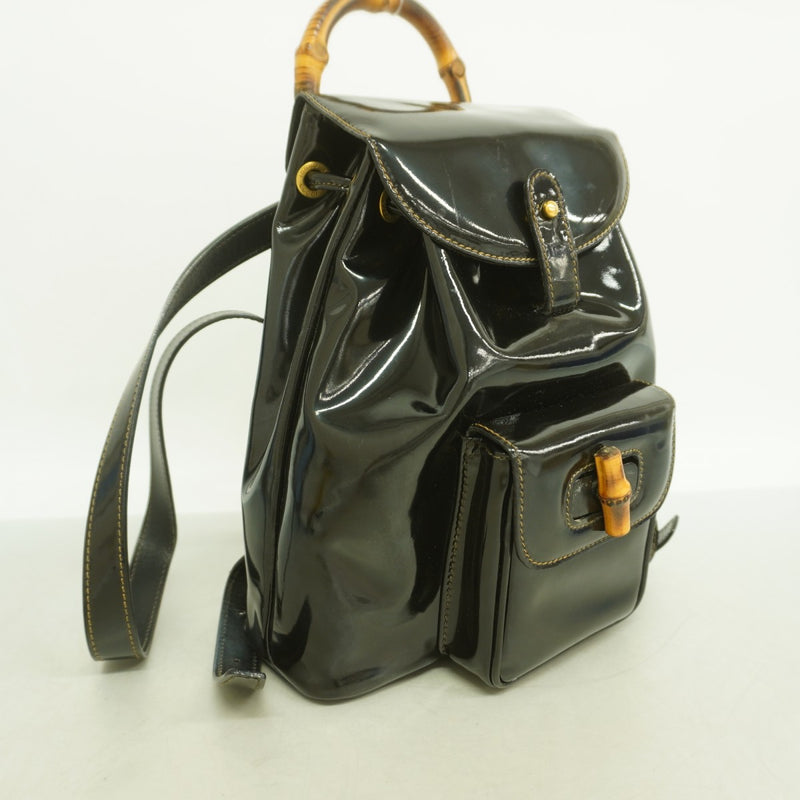 【6fd5955】グッチ リュック・デイパック バンブー 003 1705 0030 エナメル ブラック ゴールド金具【中古】レディース