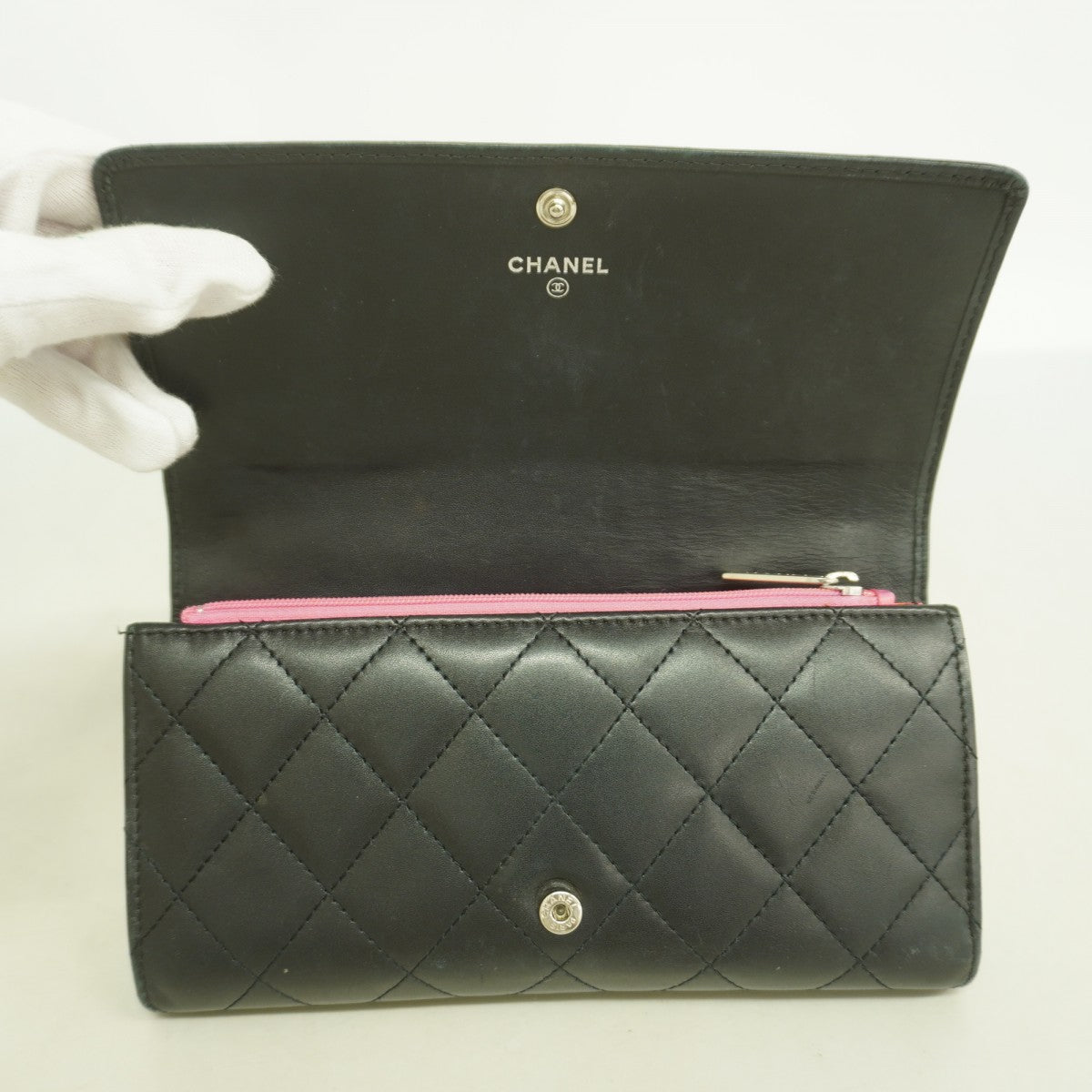 【6fd6019】シャネル 長財布 カンボン ラムスキン ブラック シルバー金具【中古】レディース