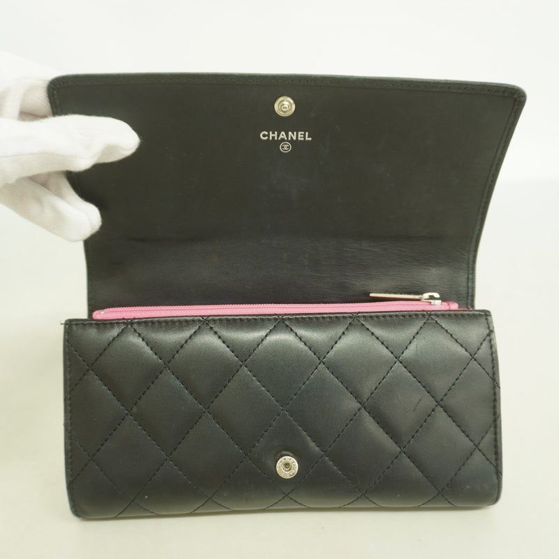 【6fd6019】シャネル 長財布 カンボン ラムスキン ブラック シルバー金具【中古】レディース
