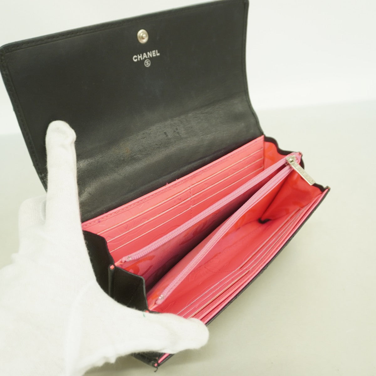 【6fd6019】シャネル 長財布 カンボン ラムスキン ブラック シルバー金具【中古】レディース