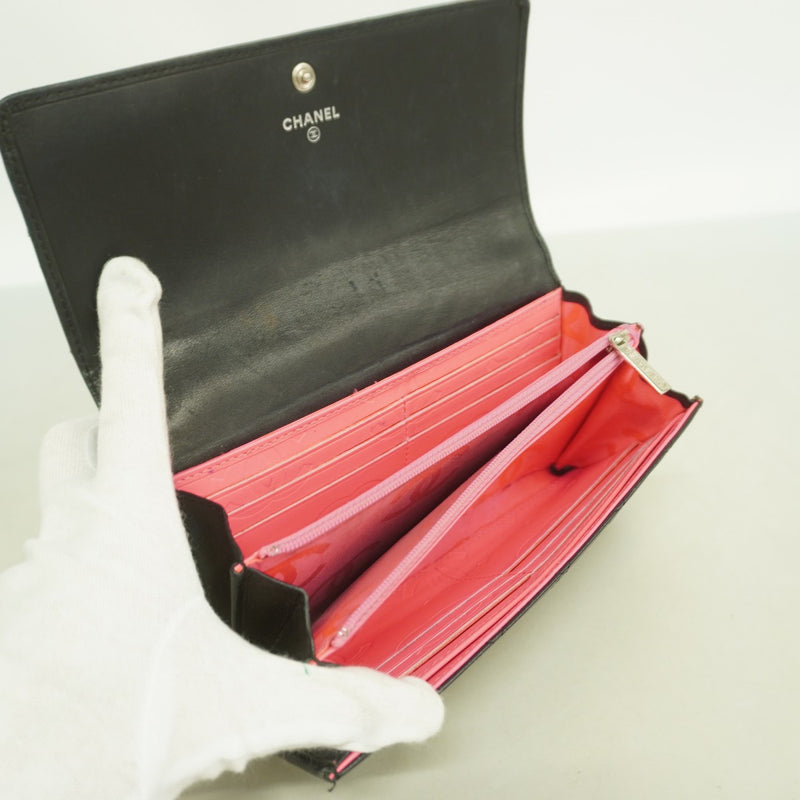 【6fd6019】シャネル 長財布 カンボン ラムスキン ブラック シルバー金具【中古】レディース