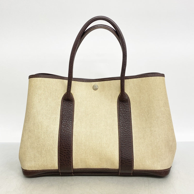 【6fd6123】エルメス トートバッグ ガーデンパーティPM トワルアッシュ ブラウン シルバー金具 □F刻印【中古】レディース