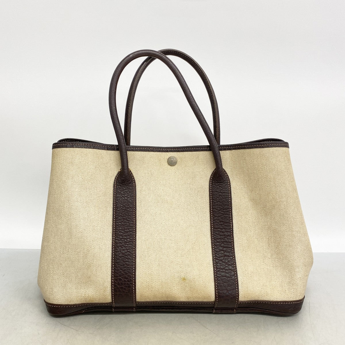 【6fd6226】エルメス トートバッグ ガーデンパーティPM トワルアッシュ ブラウン シルバー金具 □F刻印【中古】レディース