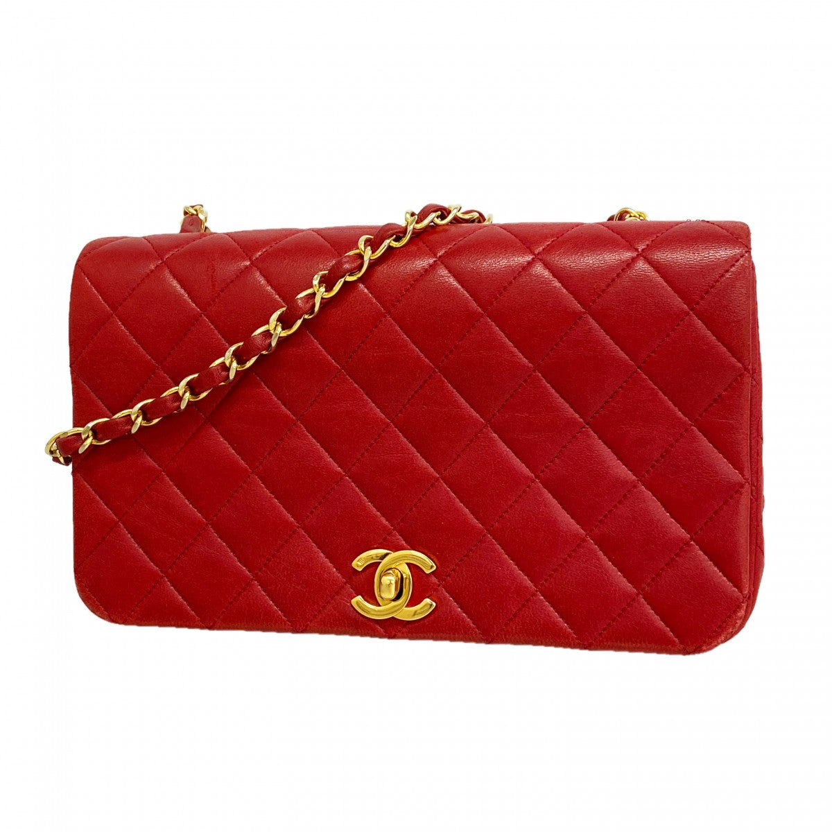 【6fd6252】シャネル ショルダーバッグ マトラッセ チェーンショルダー ラムスキン レッド ゴールド金具【中古】レディース