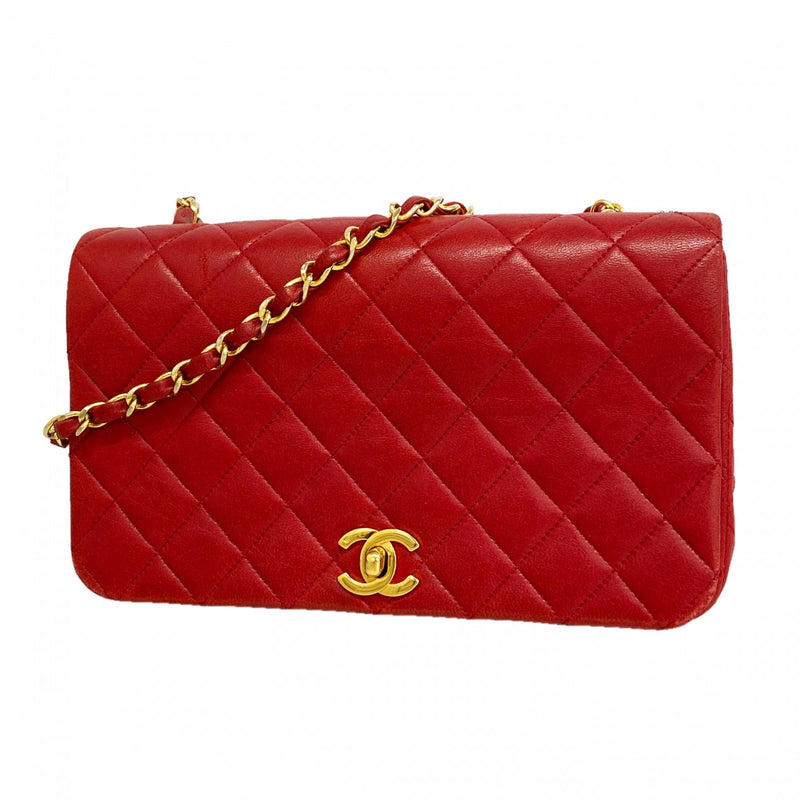 【6fd6252】シャネル ショルダーバッグ マトラッセ チェーンショルダー ラムスキン レッド ゴールド金具【中古】レディース