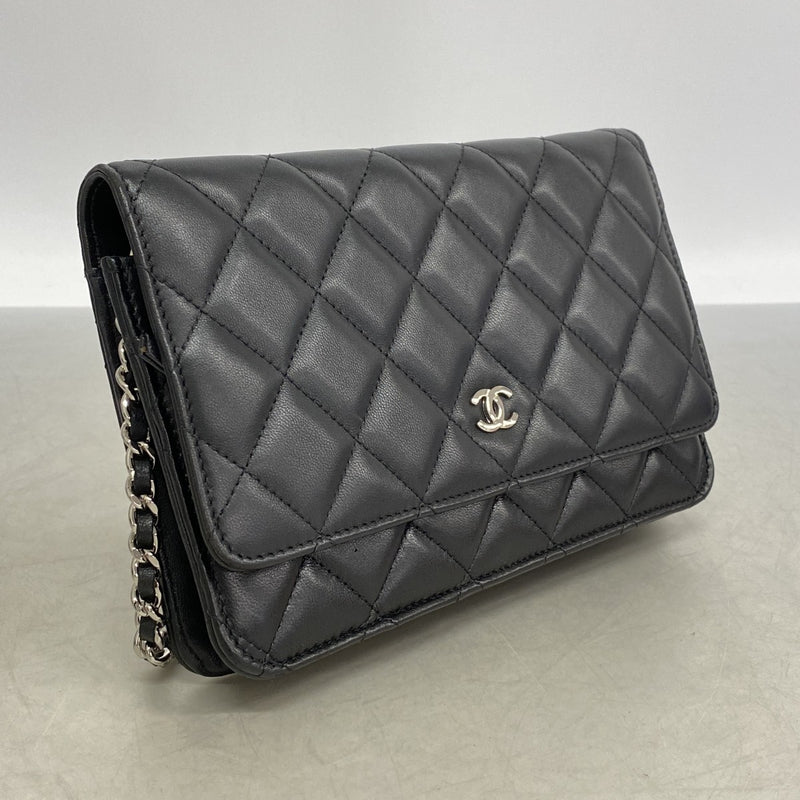 【6fd6253】シャネル ショルダーウォレット マトラッセ チェーンショルダー ラムスキン ブラック シルバー金具【中古】レディース