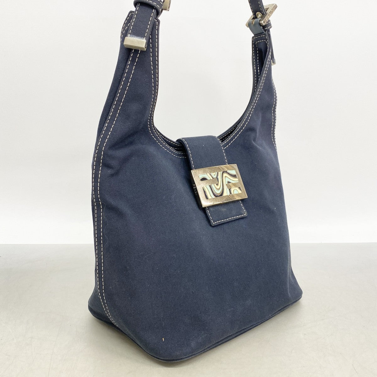 【6fe6547】フェンディ ハンドバッグ キャンバス ネイビー シルバー金具【中古】レディース