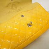 【6fe6677-k】シャネル ショルダーバッグ マトラッセ Wフラップ Wチェーン パテントレザー イエロー シルバー金具【中古】レディース