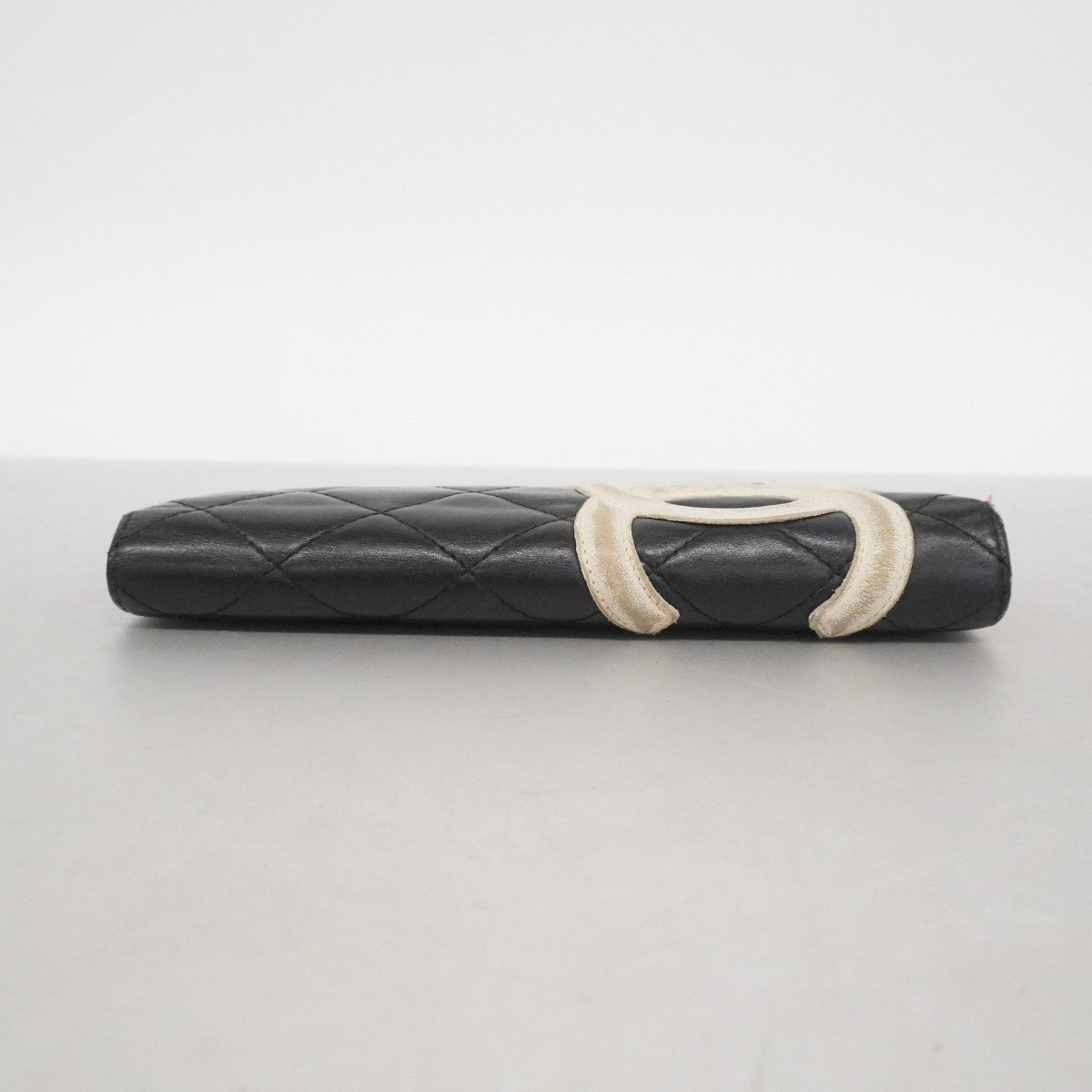 【6fe6693】シャネル 長財布 カンボン ラムスキン ブラック ホワイト シルバー金具【中古】レディース