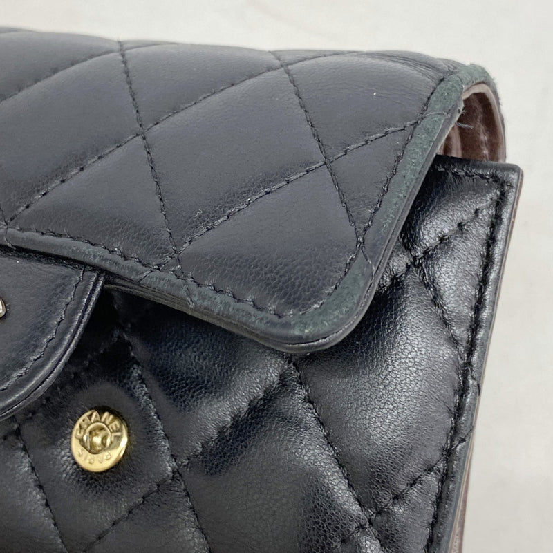 【6fe6783-k】シャネル 三つ折り財布 マトラッセ ラムスキン ブラック ゴールド金具【中古】レディース