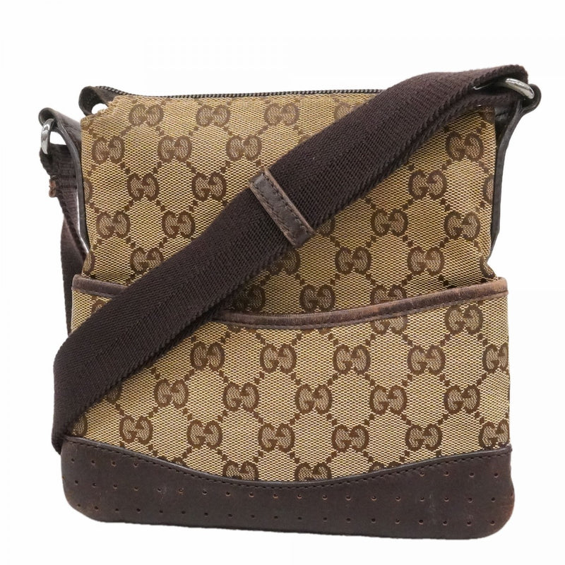 【6fe6888】グッチ ショルダーバッグ GGキャンバス 147671 キャンバス ベージュ ブラウン シルバー金具【中古】レディース