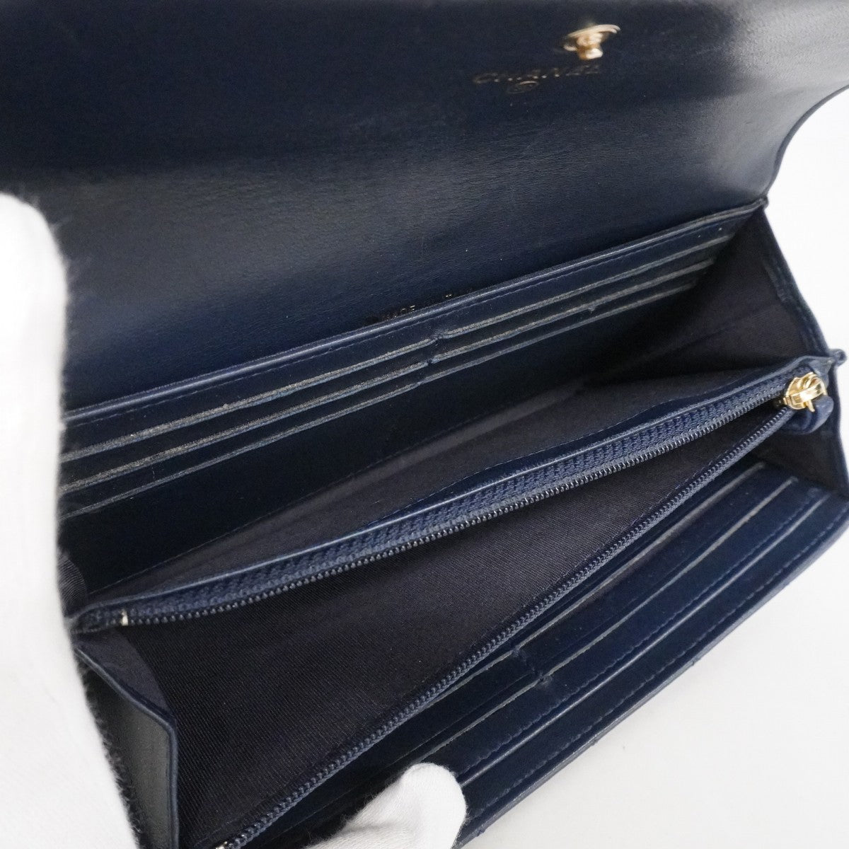 【6fe6931-k】シャネル 長財布 ボーイシャネル ラムスキン ネイビー シルバー金具【中古】レディース