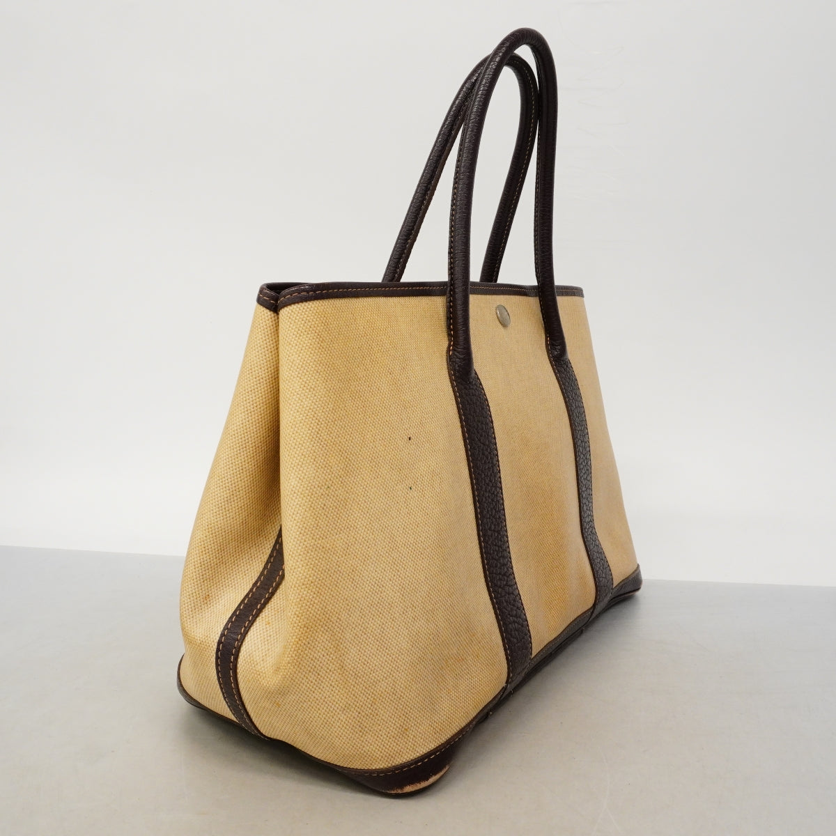 【6fe6974】エルメス トートバッグ ガーデンパーティPM トワルアッシュ ブラウン シルバー金具 □F刻印【中古】レディース