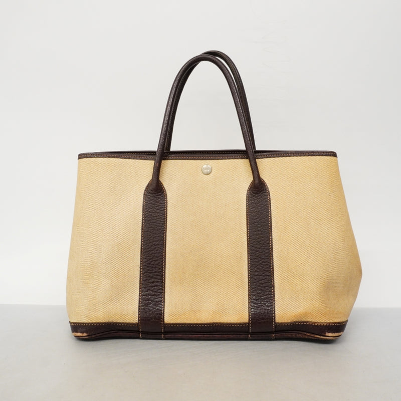 【6fe6974】エルメス トートバッグ ガーデンパーティPM トワルアッシュ ブラウン シルバー金具 □F刻印【中古】レディース