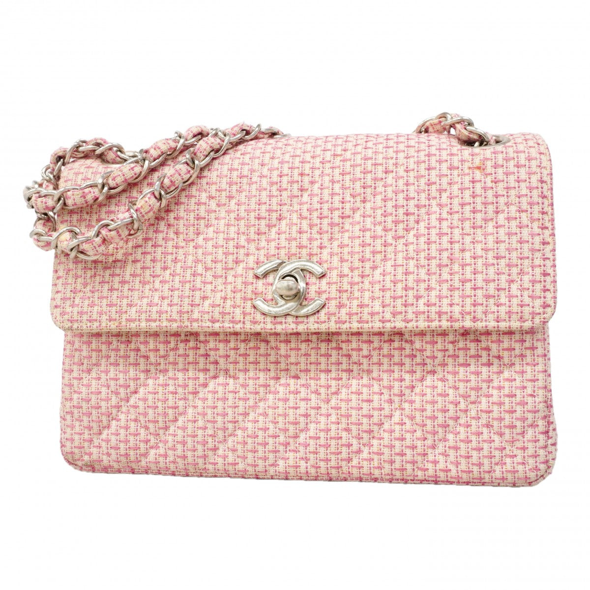 【6fe6986】シャネル ショルダーバッグ ミニマトラッセ Wチェーン ツイード ピンク シルバー金具【中古】レディース