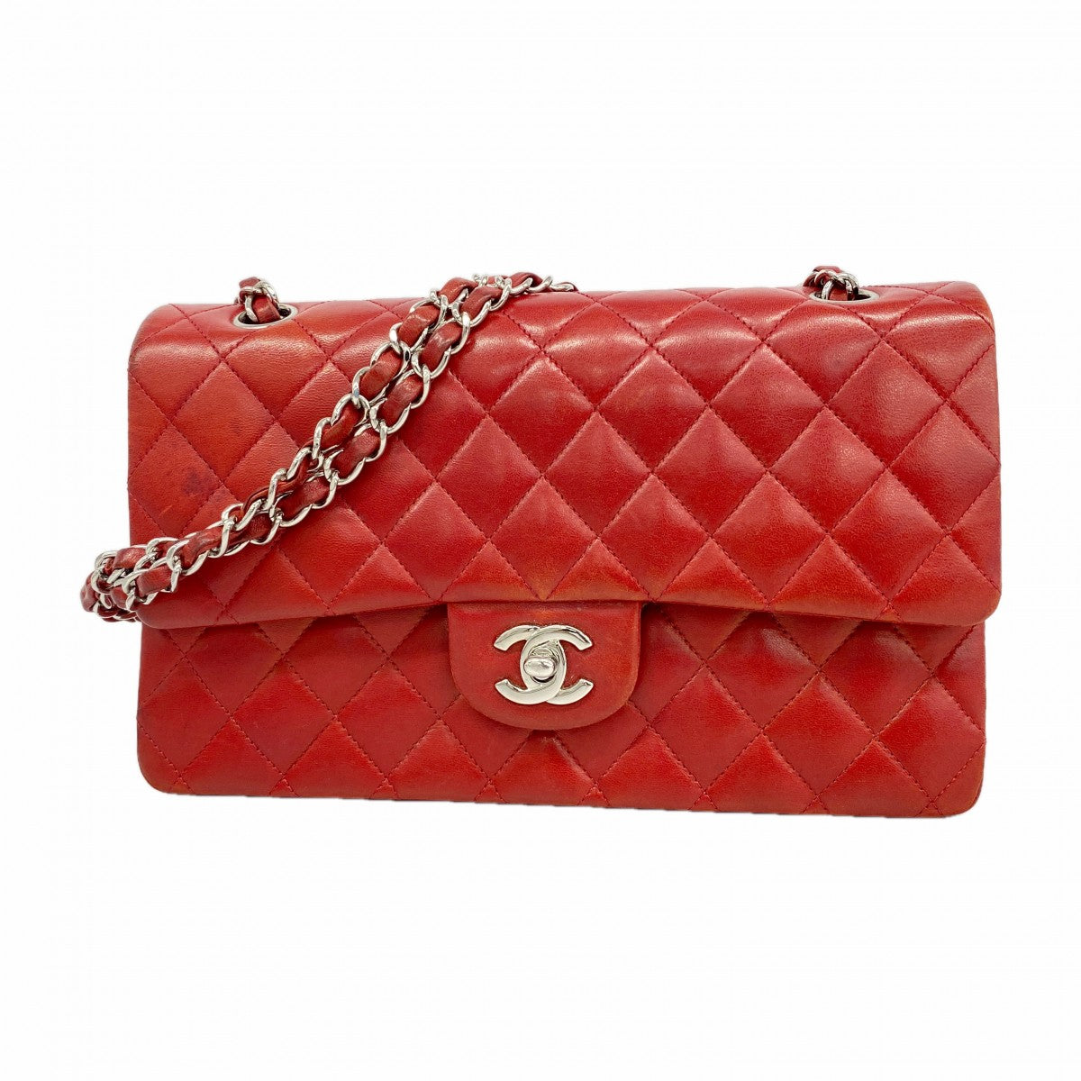 【6ga0043】シャネル ショルダーバッグ マトラッセ Wフラップ Wチェーン ラムスキン レッド シルバー金具【中古】レディース