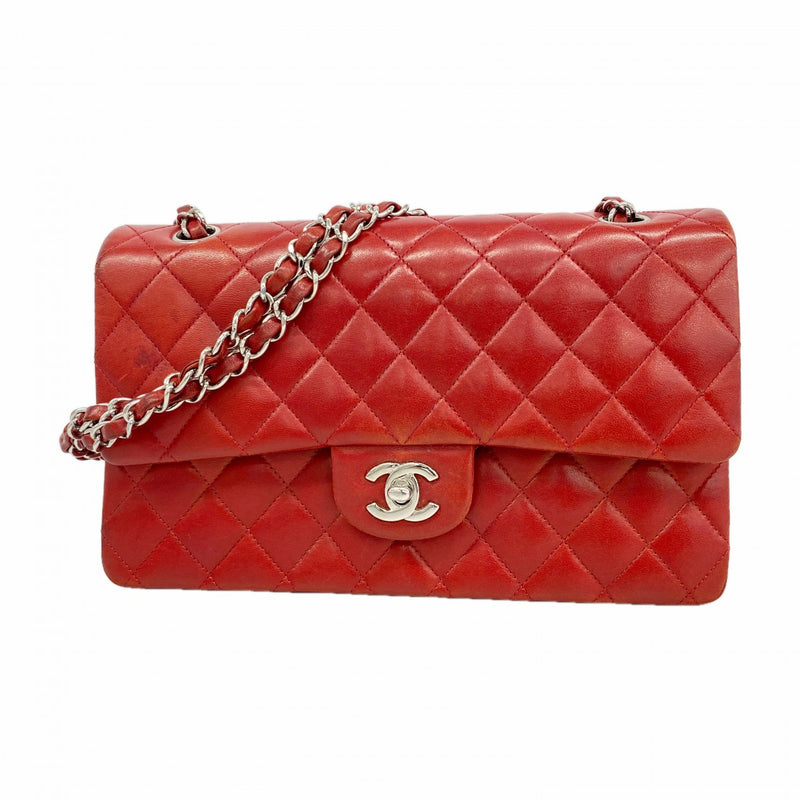 【6ga0043】シャネル ショルダーバッグ マトラッセ Wフラップ Wチェーン ラムスキン レッド シルバー金具【中古】レディース