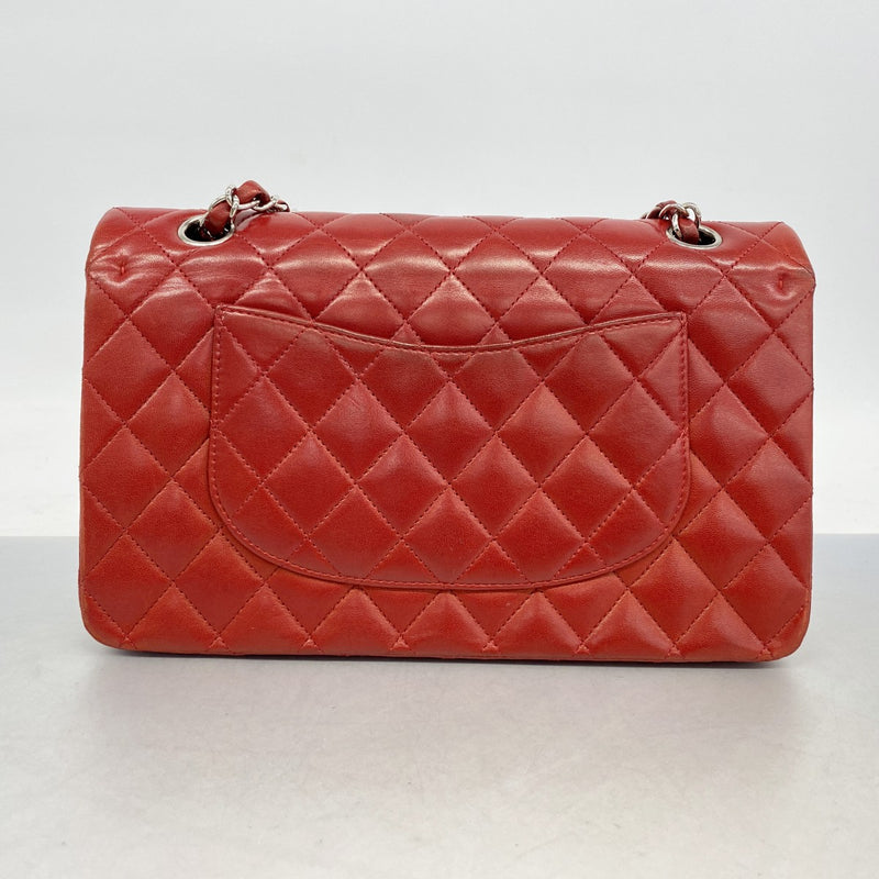 【6ga0043】シャネル ショルダーバッグ マトラッセ Wフラップ Wチェーン ラムスキン レッド シルバー金具【中古】レディース