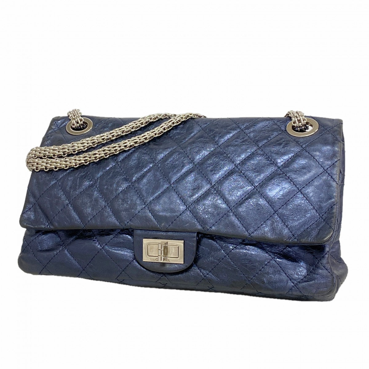 【6ga0054-k】シャネル ショルダーバッグ 2.55/マトラッセ Wフラップ Wチェーン カーフ メタリックネイビー シルバー金具【中古】レディース