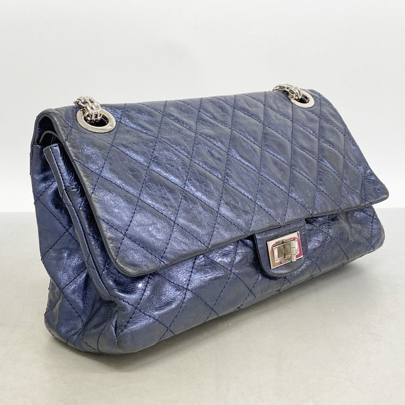 【6ga0054-k】シャネル ショルダーバッグ 2.55/マトラッセ Wフラップ Wチェーン カーフ メタリックネイビー シルバー金具【中古】レディース