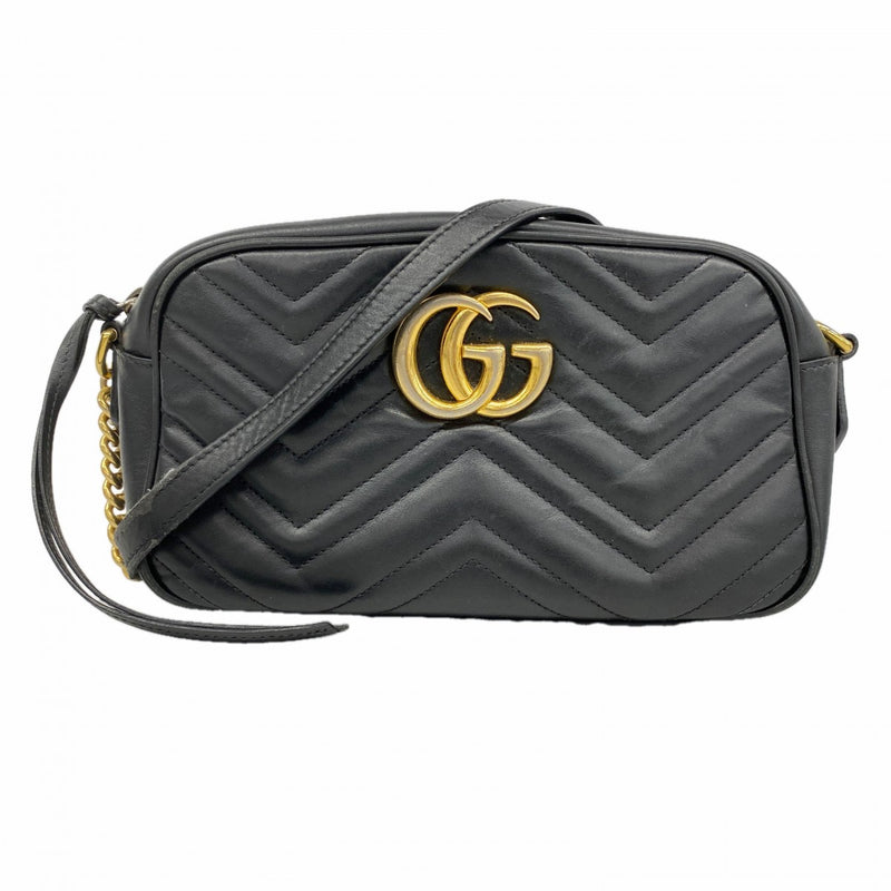 【6ga0060-k】グッチ ショルダーバッグ GGマーモント 447632 レザー ブラック ゴールド金具【中古】レディース