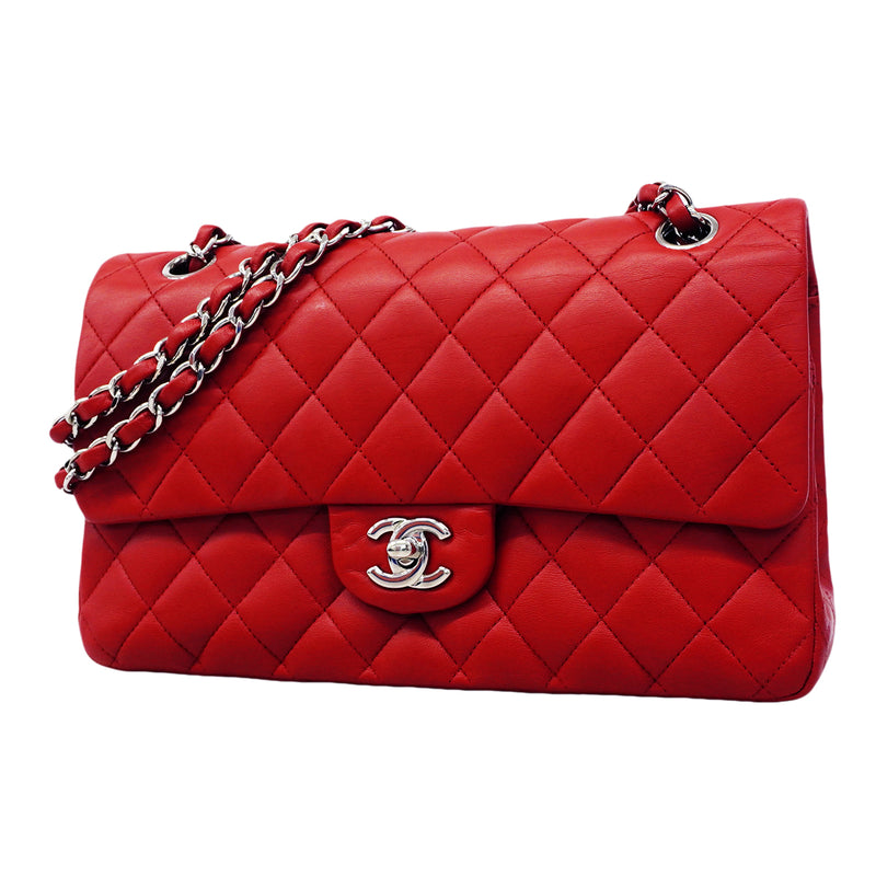【6ga0083】シャネル ショルダーバッグ マトラッセ Wフラップ Wチェーン ラムスキン レッド シルバー金具【中古】レディース
