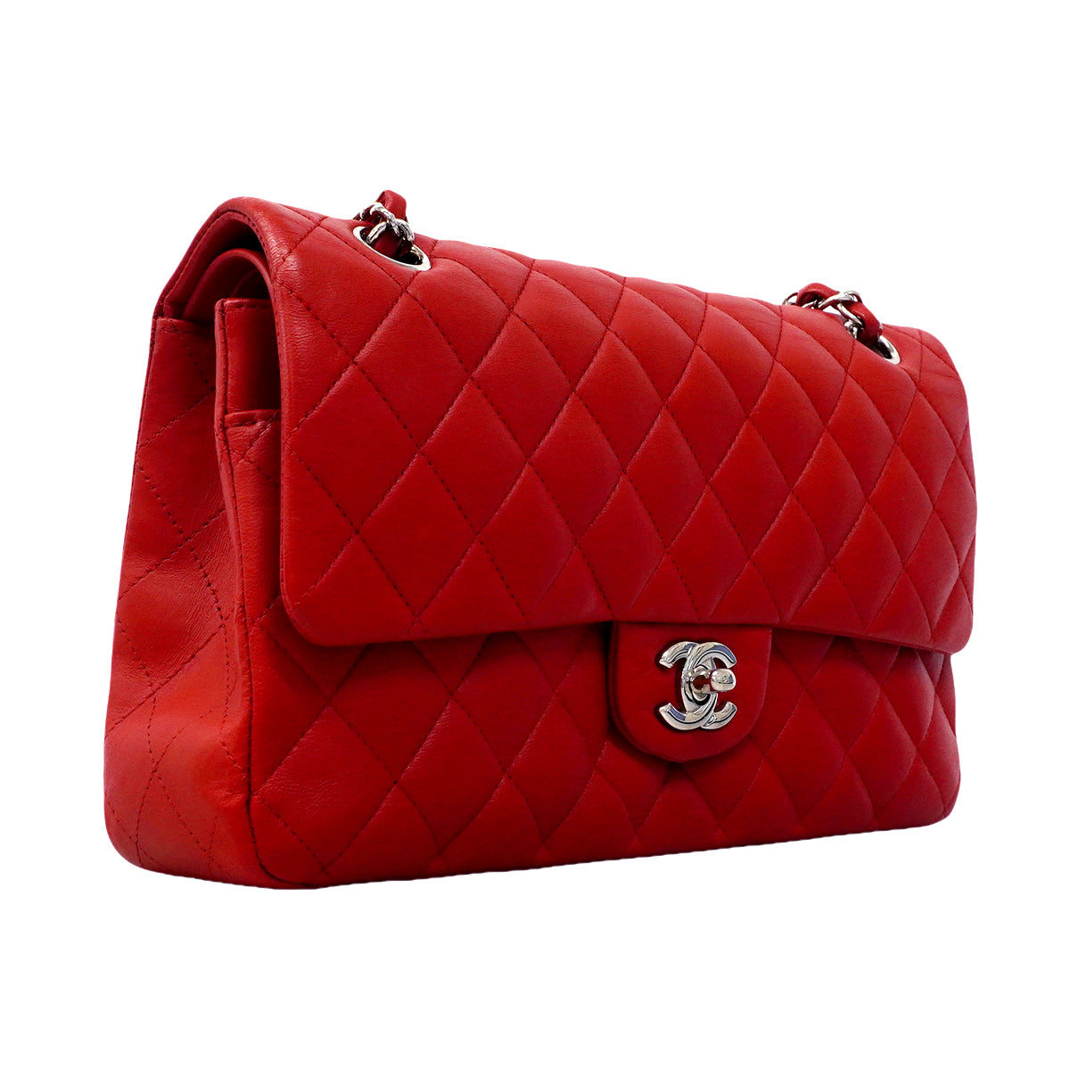【6ga0083】シャネル ショルダーバッグ マトラッセ Wフラップ Wチェーン ラムスキン レッド シルバー金具【中古】レディース