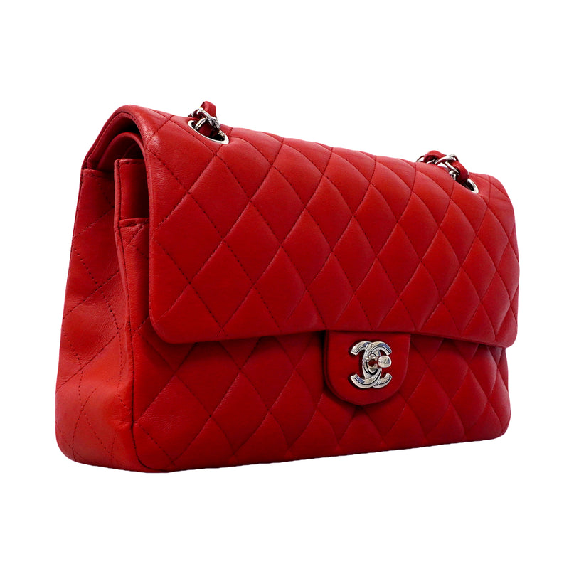 【6ga0083】シャネル ショルダーバッグ マトラッセ Wフラップ Wチェーン ラムスキン レッド シルバー金具【中古】レディース