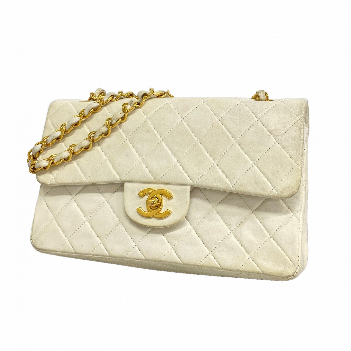 【6ga0117】シャネル ショルダーバッグ マトラッセ Wフラップ Wチェーン ラムスキン ホワイト ゴールド金具【中古】レディース