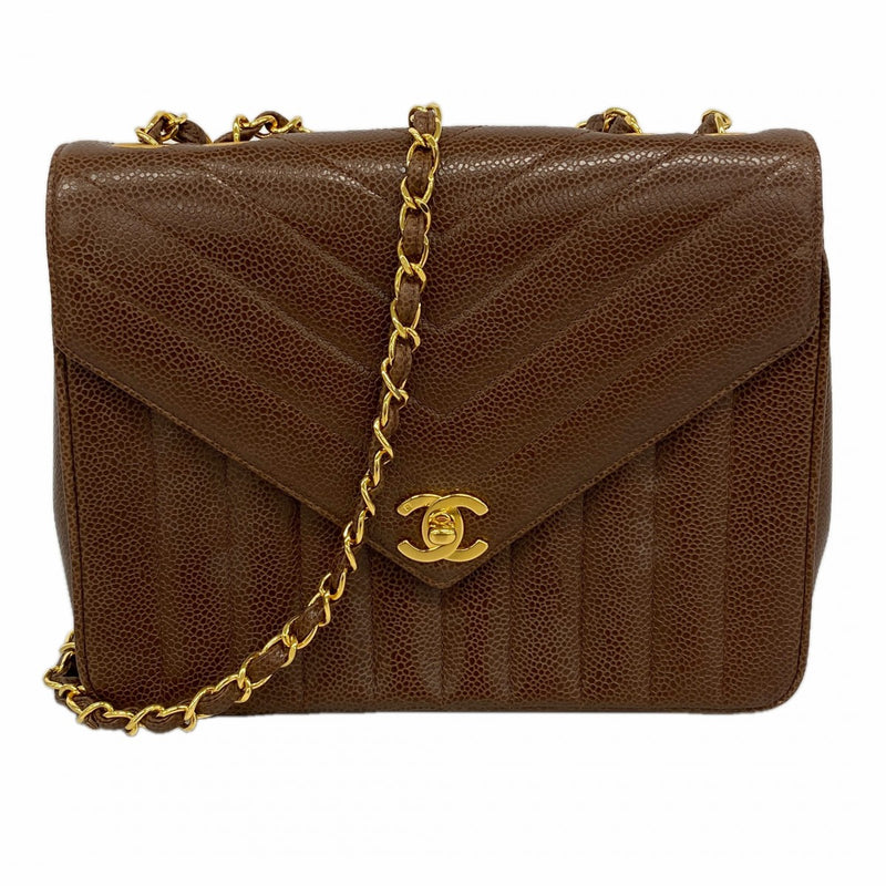 【6ga0271】シャネル ショルダーバッグ Vステッチ Wチェーン キャビアスキン ブラウン ゴールド金具【中古】レディース