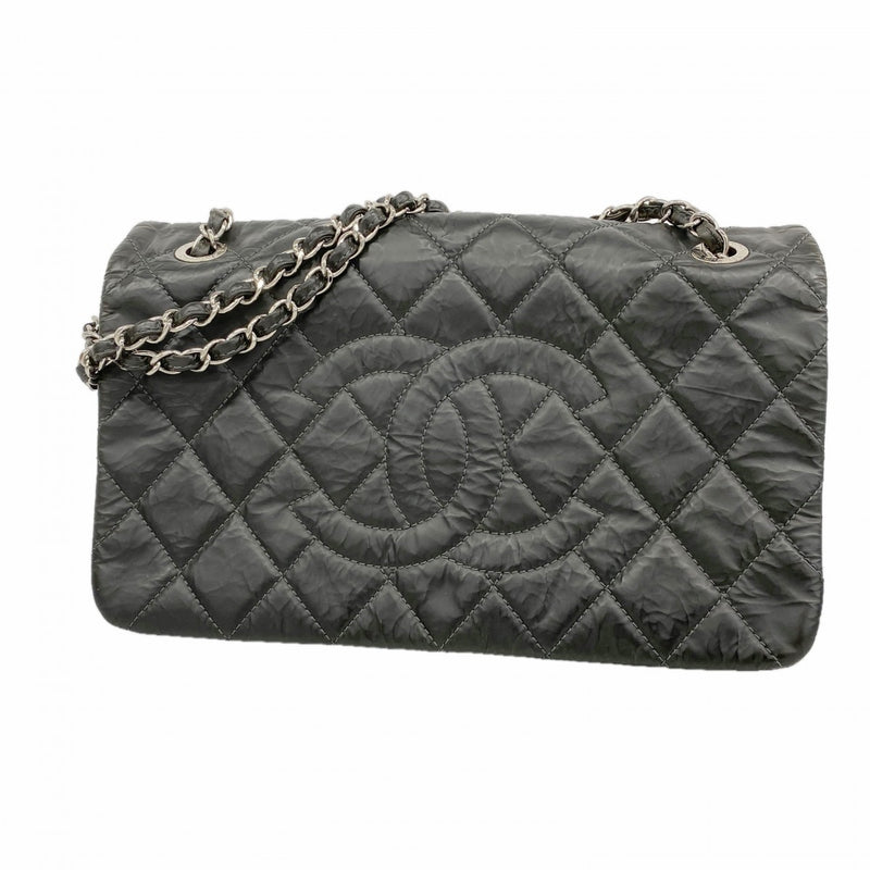 【6ga0280】シャネル ショルダーバッグ マトラッセ Wチェーン レザー ブラック シルバー金具【中古】レディース