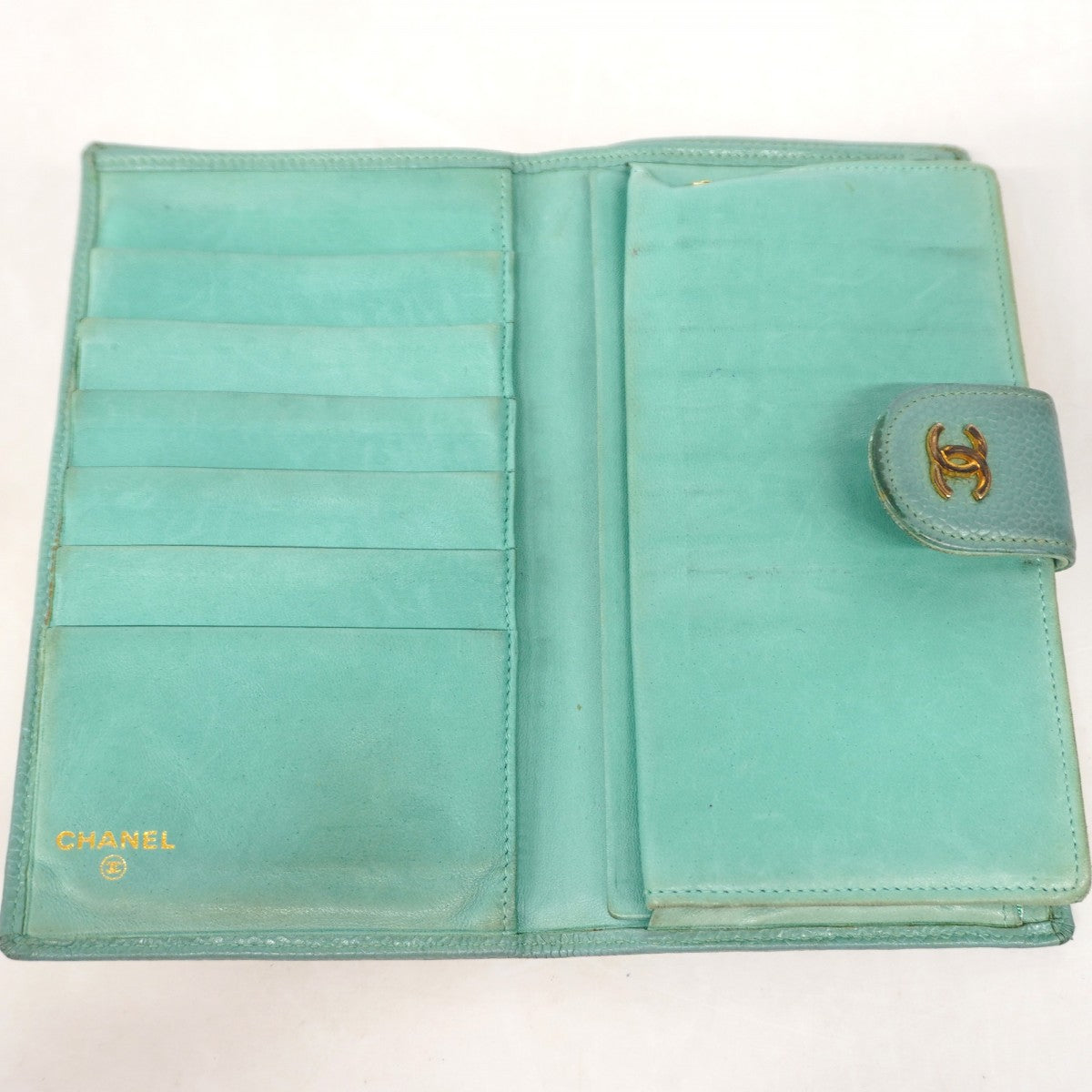 【6ga0314】シャネル 長財布 マトラッセ キャビアスキン ミントグリーン ゴールド金具【中古】レディース