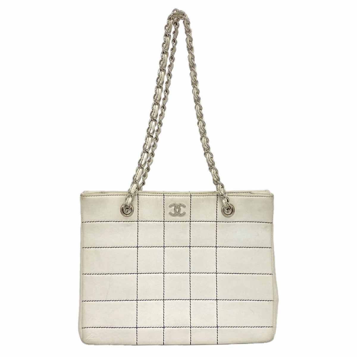 【6ga0334-k】シャネル チェーントート ワイルドステッチ チョコバー レザー ホワイト シルバー金具【中古】レディース