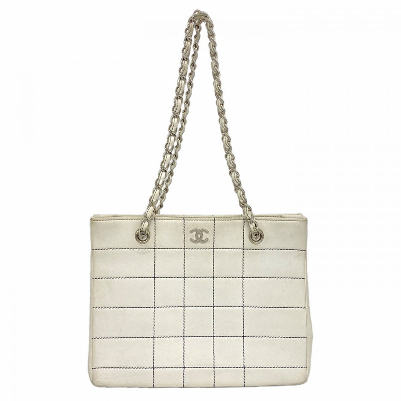 【6ga0334-k】シャネル チェーントート ワイルドステッチ チョコバー レザー ホワイト シルバー金具【中古】レディース