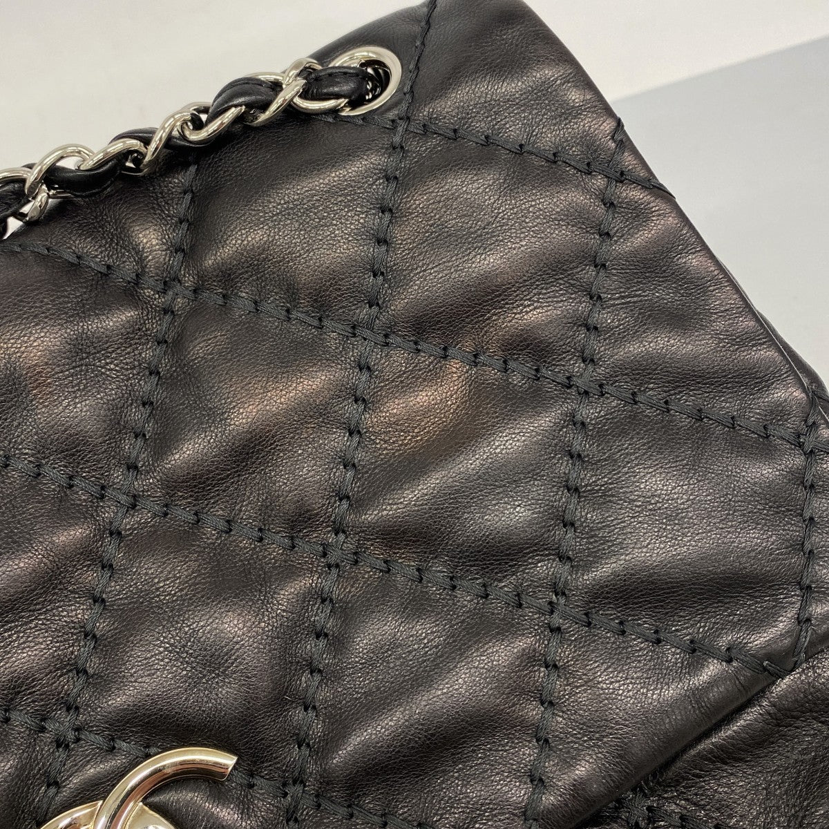 【6ga0351-k】シャネル ショルダーバッグ Wチェーン ワイルドステッチ レザー ブラック シルバー金具【中古】レディース