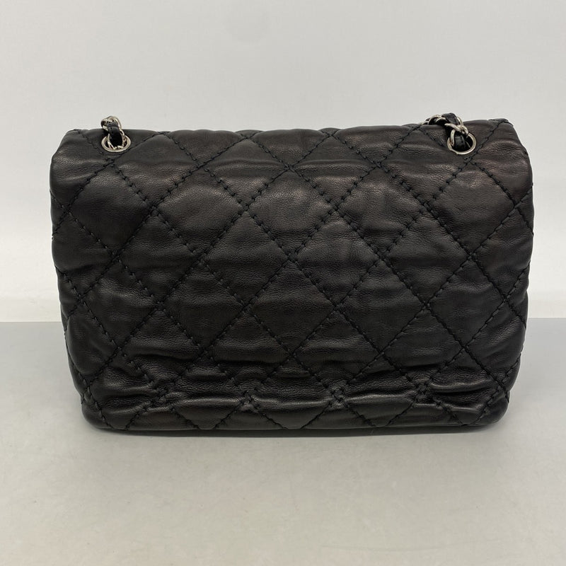 【6ga0351-k】シャネル ショルダーバッグ Wチェーン ワイルドステッチ レザー ブラック シルバー金具【中古】レディース