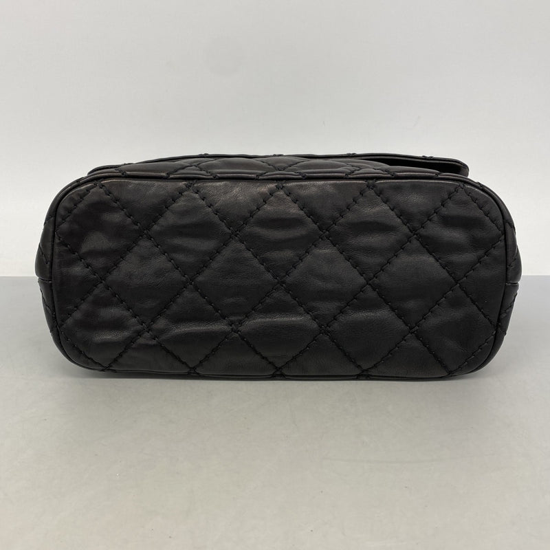 【6ga0351-k】シャネル ショルダーバッグ Wチェーン ワイルドステッチ レザー ブラック シルバー金具【中古】レディース