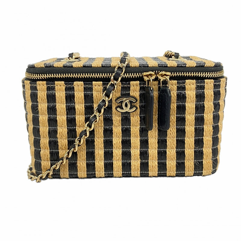 【6ga0352-k】シャネル ショルダーバッグ ラフィア ベージュ ブラック シャンパンゴールド金具【中古】レディース