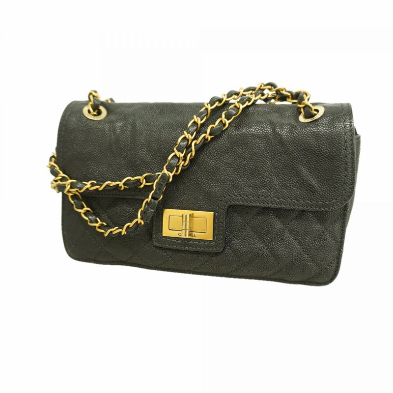 【6ga0361-k】シャネル ショルダーバッグ 2.55/マトラッセ Wチェーン キャビアスキン ブラック ゴールド金具【中古】レディース