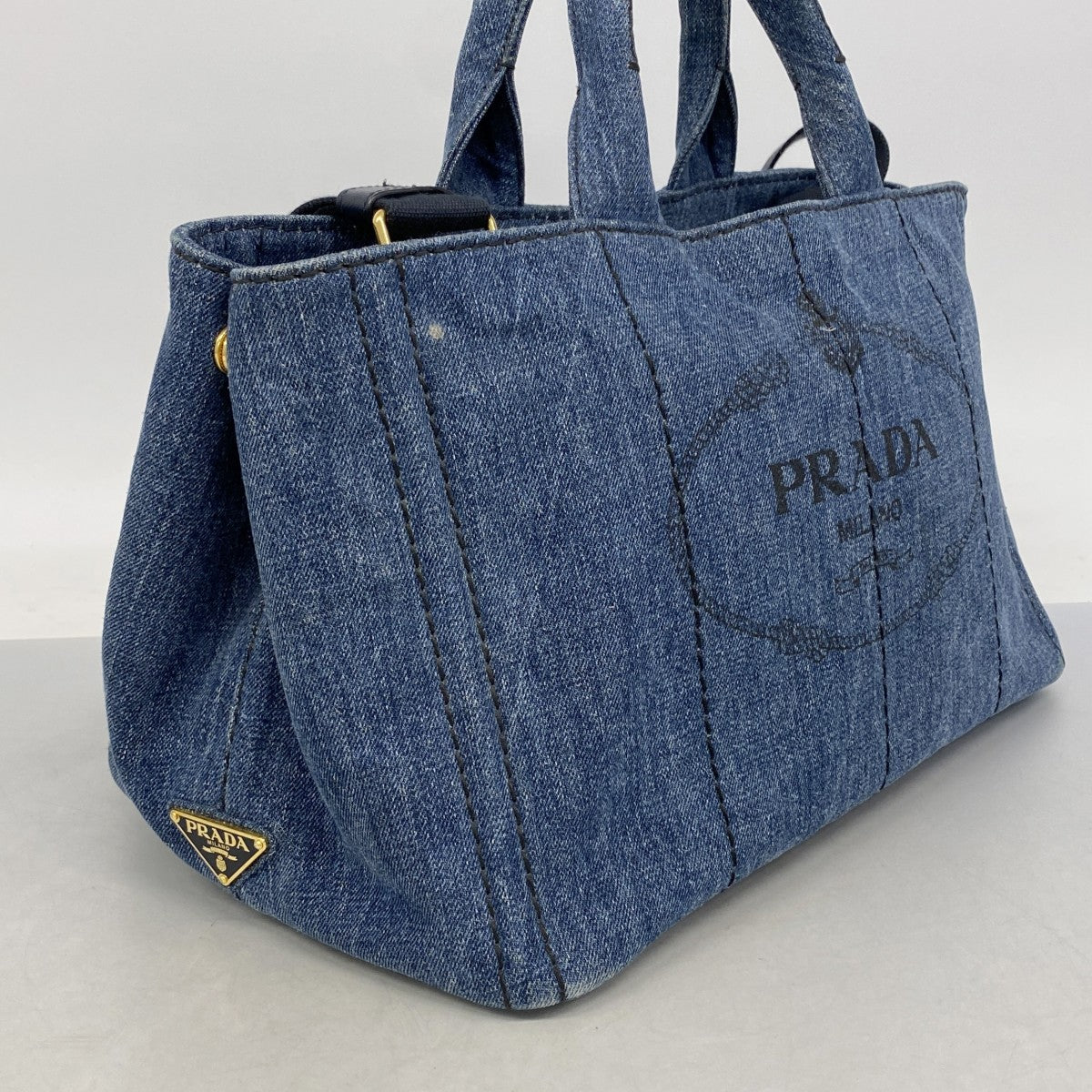 【6ga0367】プラダ ハンドバッグ カナパ デニム ネイビー ゴールド金具 2wayバッグ【中古】レディース