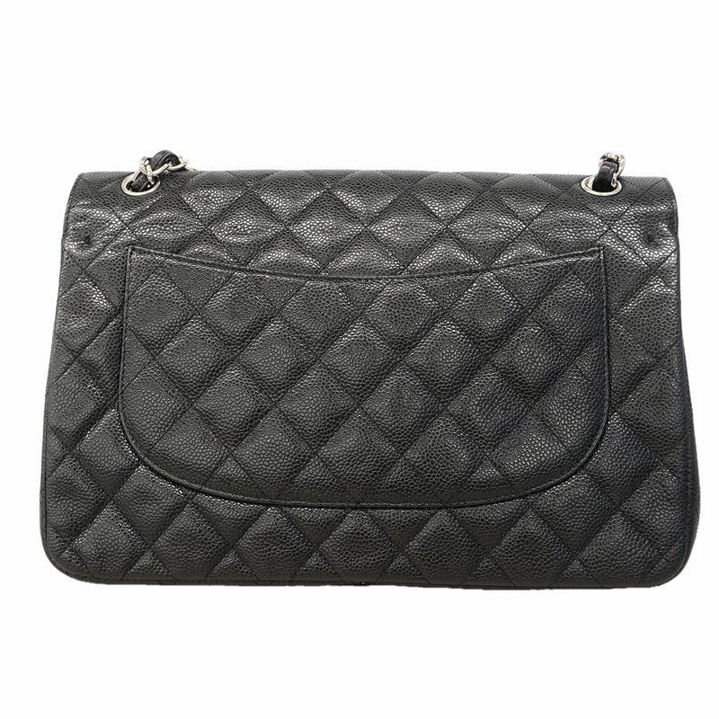 【6ga0388】シャネル ショルダーバッグ デカマトラッセ Wフラップ Wチェーン キャビアスキン ブラック シルバー金具【中古】レディース