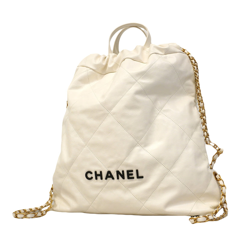 【6ga0396】シャネル リュック・デイパック シャネル22 カーフスキン ホワイト ゴールド金具【中古】レディース