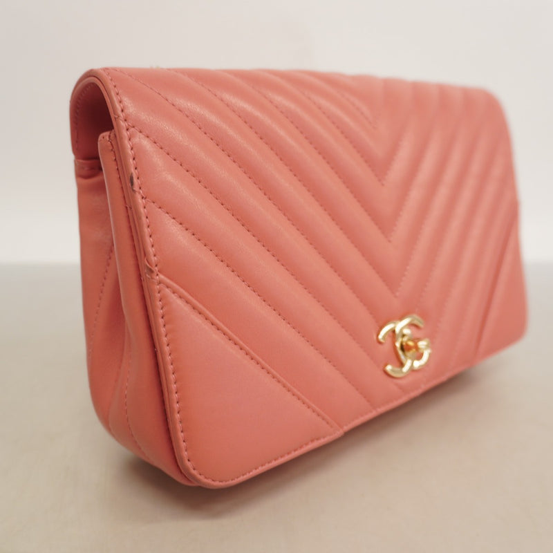 【6ga0402-k】シャネル ショルダーバッグ Vステッチ Wチェーン ラムスキン ピンク シャンパンゴールド金具【中古】レディース