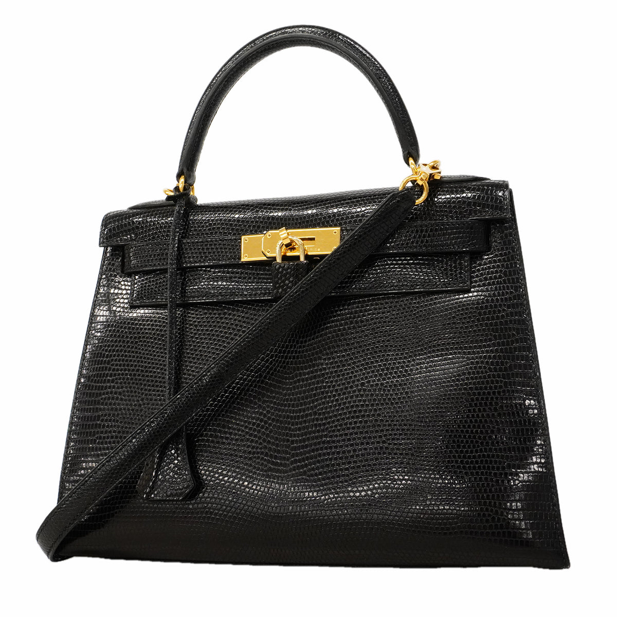 【6ga0487-g】エルメス ハンドバッグ ケリー28 リザード ブラック ゴールド金具 □J刻印 2wayバッグ【中古】レディース