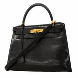 【6ga0487-g】エルメス ハンドバッグ ケリー28 リザード ブラック ゴールド金具 □J刻印 2wayバッグ【中古】レディース