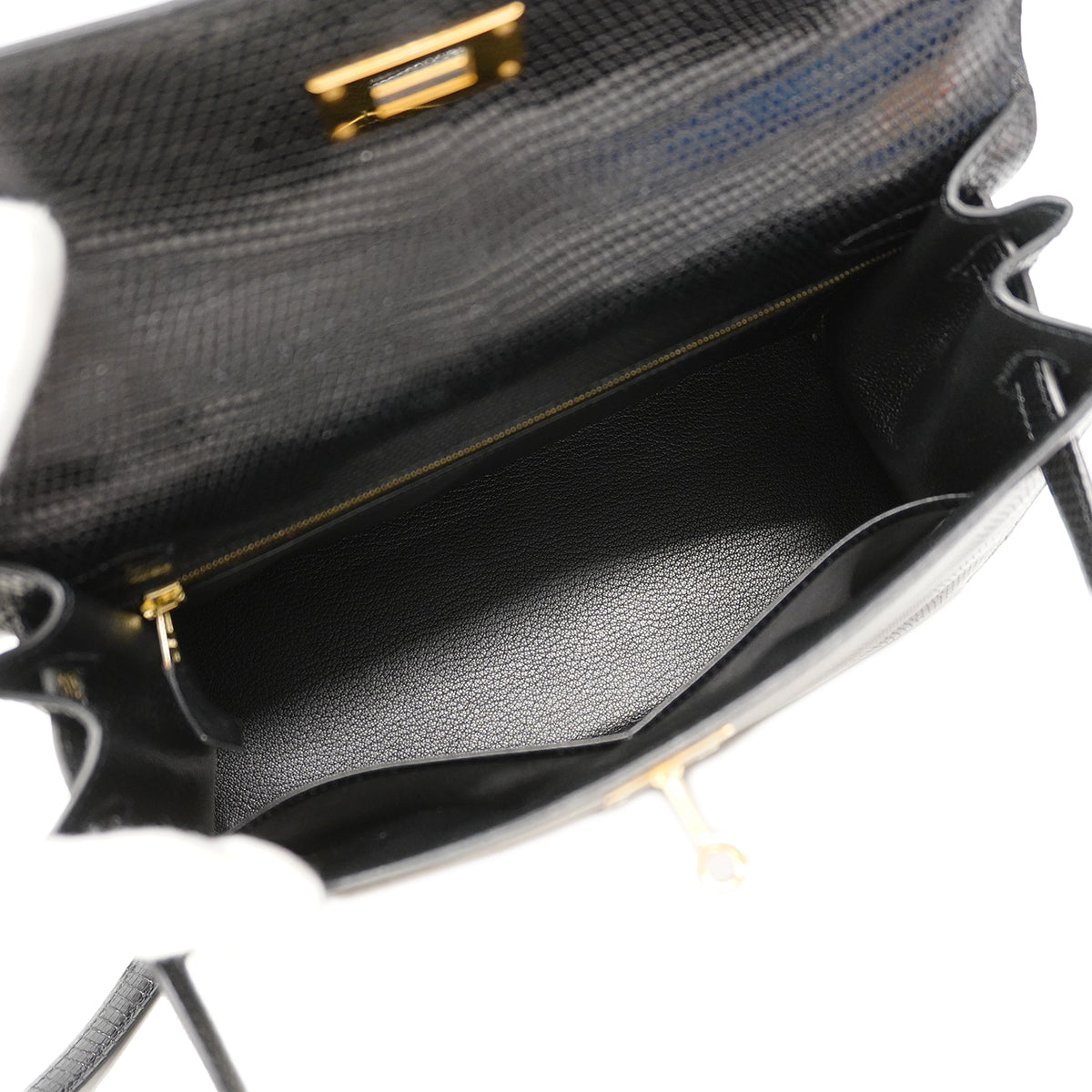 【6ga0487-g】エルメス ハンドバッグ ケリー28 リザード ブラック ゴールド金具 □J刻印 2wayバッグ【中古】レディース