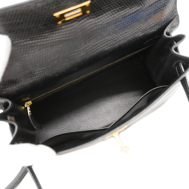 【6ga0487-g】エルメス ハンドバッグ ケリー28 リザード ブラック ゴールド金具 □J刻印 2wayバッグ【中古】レディース
