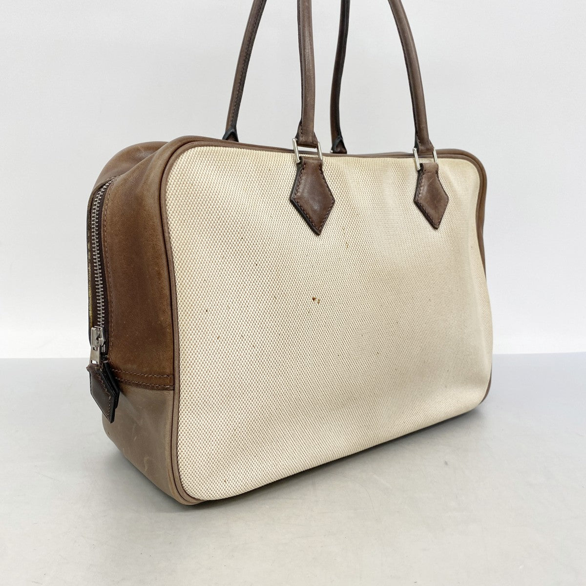 【6ga0523】エルメス トートバッグ プリュム32 トワルアッシュ ハバナ シルバー金具 □F刻印【中古】レディース