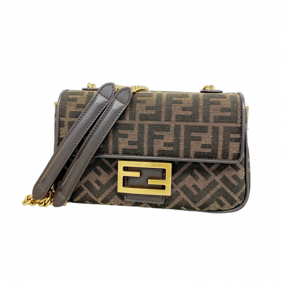【6ga0599】フェンディ ショルダーバッグ ズッカ ミディ ナイロンキャンバス ブラウン ゴールド金具【中古】レディース