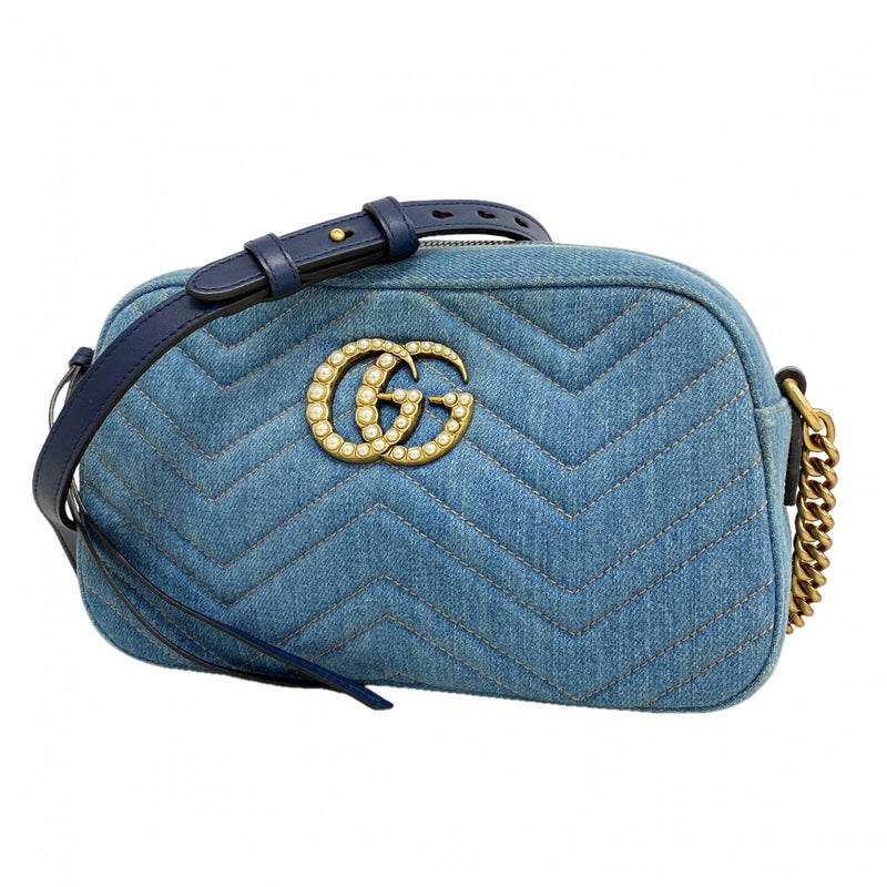 【6ga0608-k】グッチ ショルダーバッグ GGマーモント 447632 デニム ブルー ゴールド金具【中古】レディース